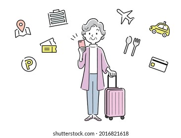 Vector illustration material: Senior women using smartphone apps while traveling