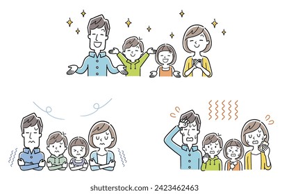 Vector illustration material: A set of families expressing smiles, cold, and hot