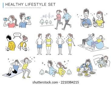 Vector illustration material: set of people who exercise for diet and health management