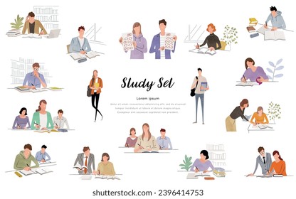 Vector illustration material: students studying, people set