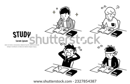 Vector illustration material: teenagers studying, boys, students, set
