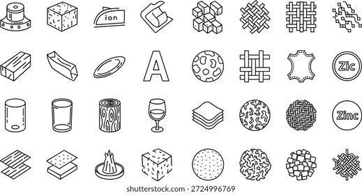 Ilustración vectorial de material textura icono colección con madera, metal, vidrio, tela, espuma, cuero, malla, y diseño de patrón estructural