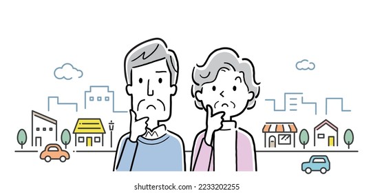 Vector illustration material: Thinking senior couple and city background