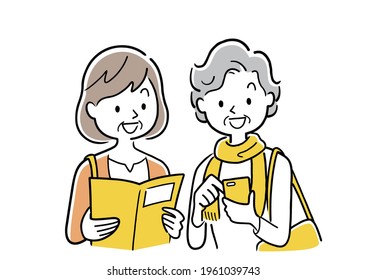 Vector Illustration Material: Two senior women looking at a smartphone and a guidebook while traveling