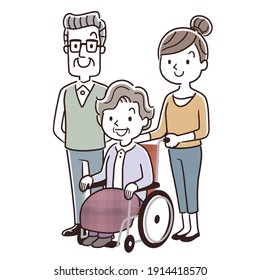Vector Illustration Material: Wheelchair-riding senior women and senior men and young women, families
