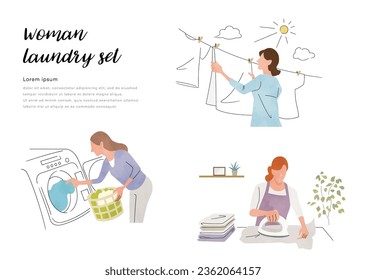 Vector illustration material: woman doing laundry, person set