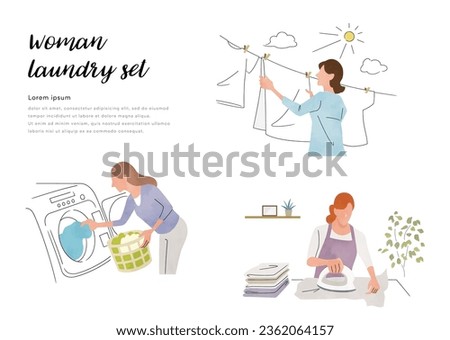 Vector illustration material: woman doing laundry, person set
