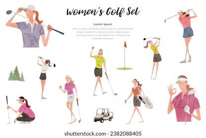 Vector illustration material: woman playing golf, person set