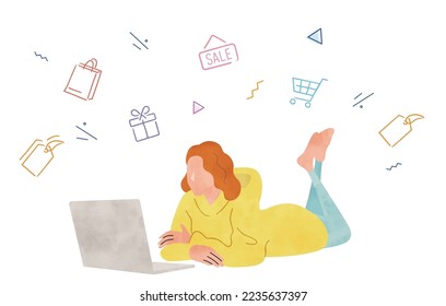 Vector illustration material: A woman shopping online with a laptop