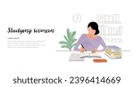 Vector illustration material: woman studying in the room