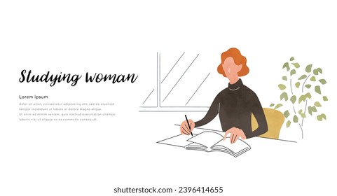 Material de ilustración del vector: mujer estudiando en la habitación