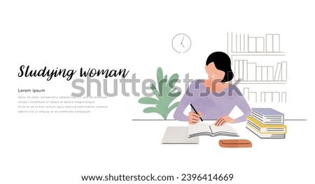 Vector illustration material: woman studying in the room