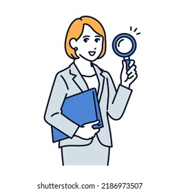 Vector illustration material of woman in suit with magnifying glass