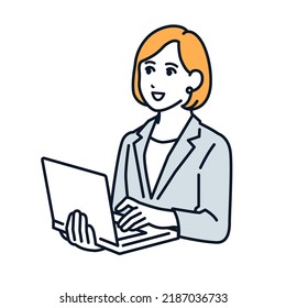 Vector illustration material of woman in suit with laptop