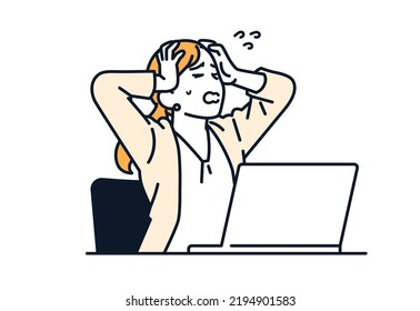 Vector illustration material of a woman in a suit holding her head in front of a PC