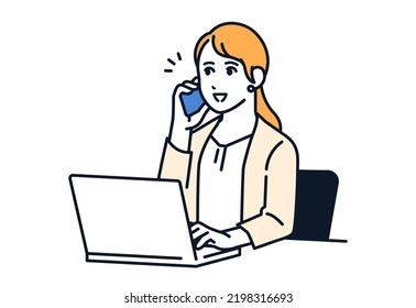 Vector illustration material of a woman in a suit working on a laptop while talking