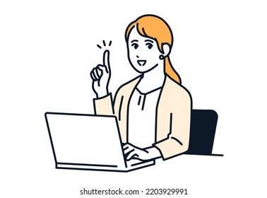 Vector illustration material of a woman in a suit explaining points while operating a laptop