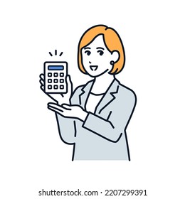 Vector illustration material of a woman in a suit presenting an estimated amount on a calculator