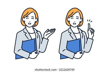 Vector illustration material of a woman in a suit who guides with a smile