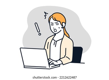 Vector illustration material of a woman in a suit who is surprised in front of a PC