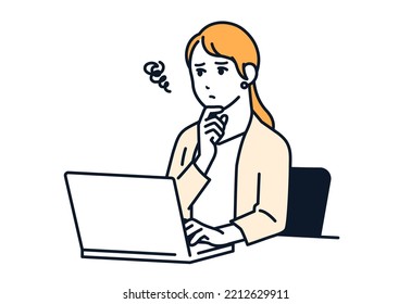 Vector illustration material of a woman in a suit worried in front of a PC