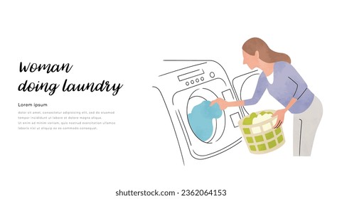 Vector illustration material: A woman taking out laundry from a washing machine