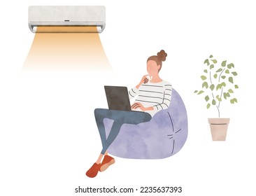 Vector illustration material: woman using air conditioner in the room