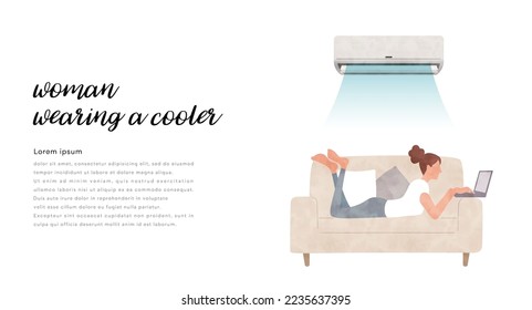 Vector illustration material: woman using air conditioner in the room