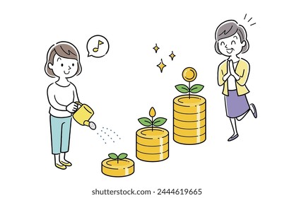 Material de la Ilustración vectorial: Una mujer que riega el dinero y los puntos y una mujer mayor que es feliz cuando las flores florecen en el dinero y los puntos que recaudó.