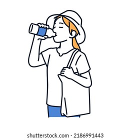 Vector illustration material of a woman who drinks water from a PET bottle as a measure against heat stroke