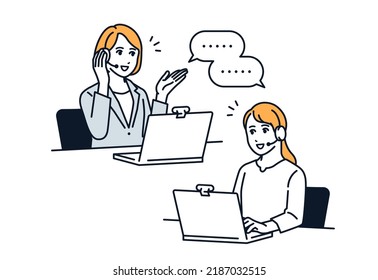 Vector illustration material of a woman who consults online on a PC