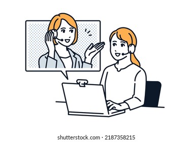 Vector illustration material of a woman who consults online on a PC