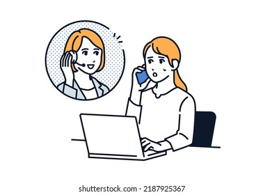 
Vector illustration material of a woman who consults on a smartphone while operating a PC