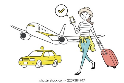 Vector illustration material: A woman who arranges an airplane or a taxi using a smartphone