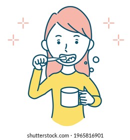 Material de ilustración vectorial para mujeres cepillando sus dientes
