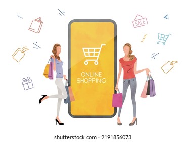 Vector illustration material: Women who enjoy online shopping with smartphones