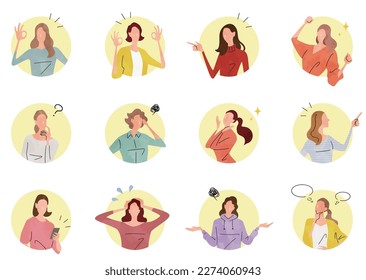 Vector illustration material: Women who express emotions, person icon set