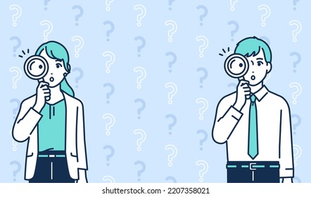 Vector illustration material of a young business person looking through a magnifying glass