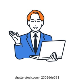 Material de ilustración vectorial de un joven empresario sosteniendo una laptop y explicando con una sonrisa