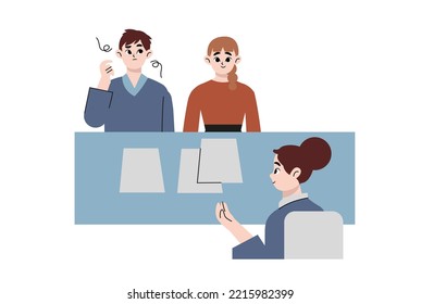 Vector illustration material of a young couple consulting with a woman in a suit to explain