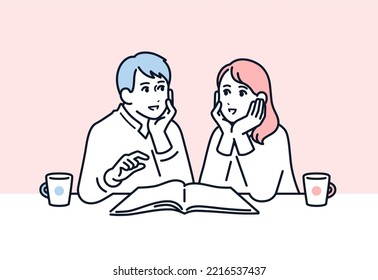 
Vector illustration material of a young couple consulting while looking at a catalog