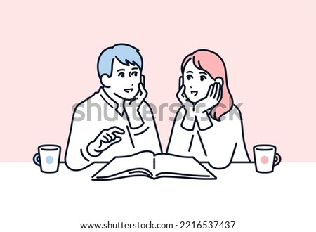 
Vector illustration material of a young couple consulting while looking at a catalog