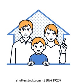 Material de ilustración vectorial de una familia joven con una casa y una sonrisa