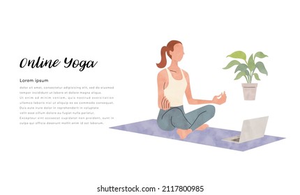 Vector Illustration Material: Young Female Enjoying Online Yoga