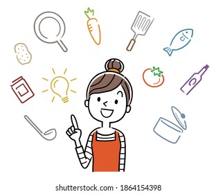 Material de ilustración vectorial: Joven ama de casa pensando en cocinar