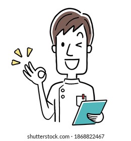 Vector Illustration Material: Young male nurse giving an okay sign