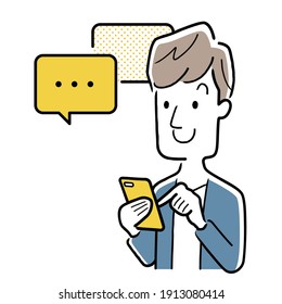 Vector illustration material: Young man exchanging messages on a smartphone