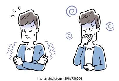 Vector Illustration Material: Young man in poor health, chills, nausea