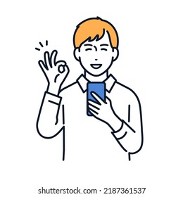 Vector illustration material of a young man holding a smartphone and signing OK