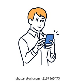 Vector illustration material of a young man operating a smartphone